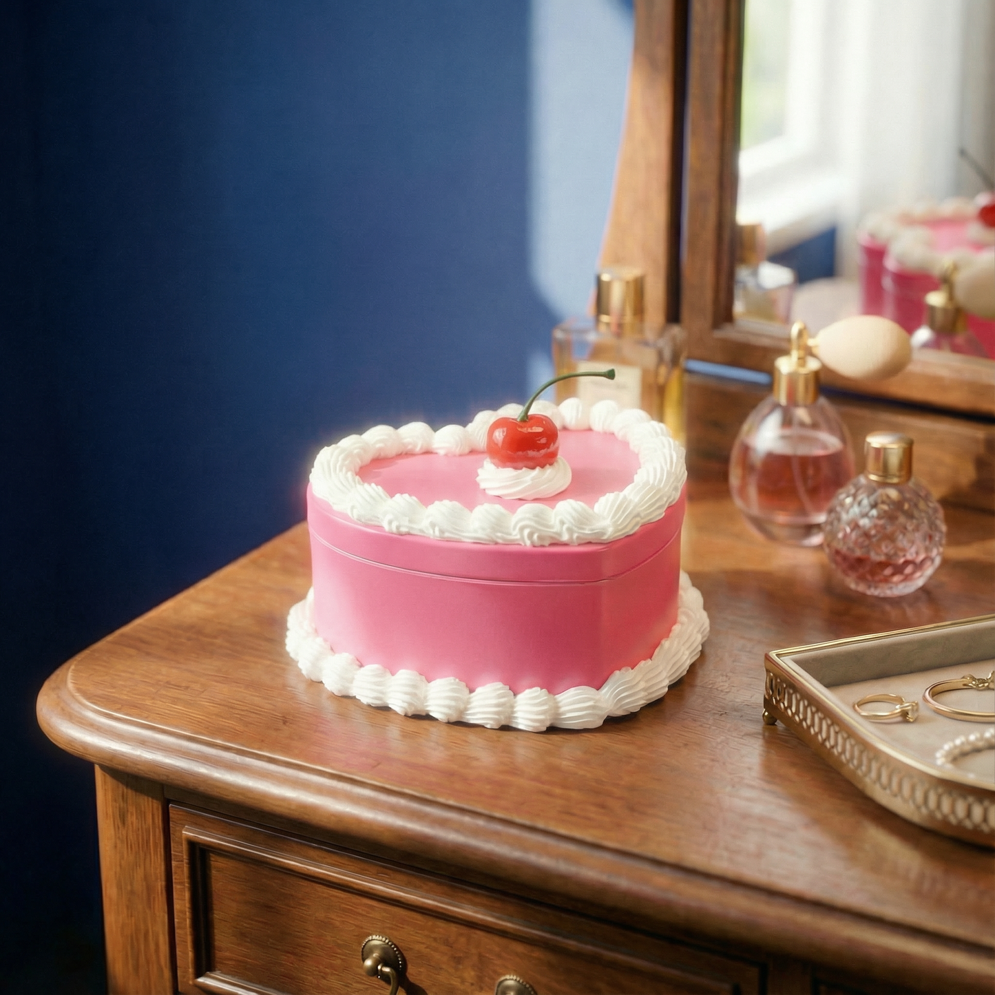 Cake Jewelry Box | Hand Decorated Small Heart Cake Storage Box in Blue or Pink