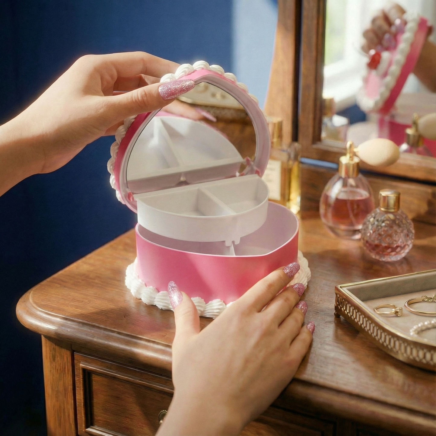 Cake Jewelry Box | Hand Decorated Small Heart Cake Storage Box in Blue or Pink