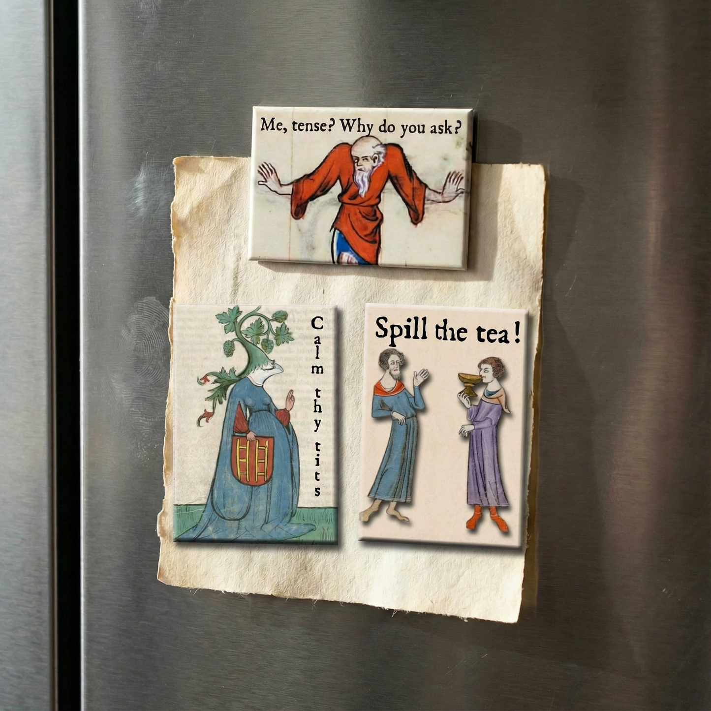 Calm Thy Tits Medieval Marginalia Refrigerator Magnet | Funny Medieval Humor Magnet