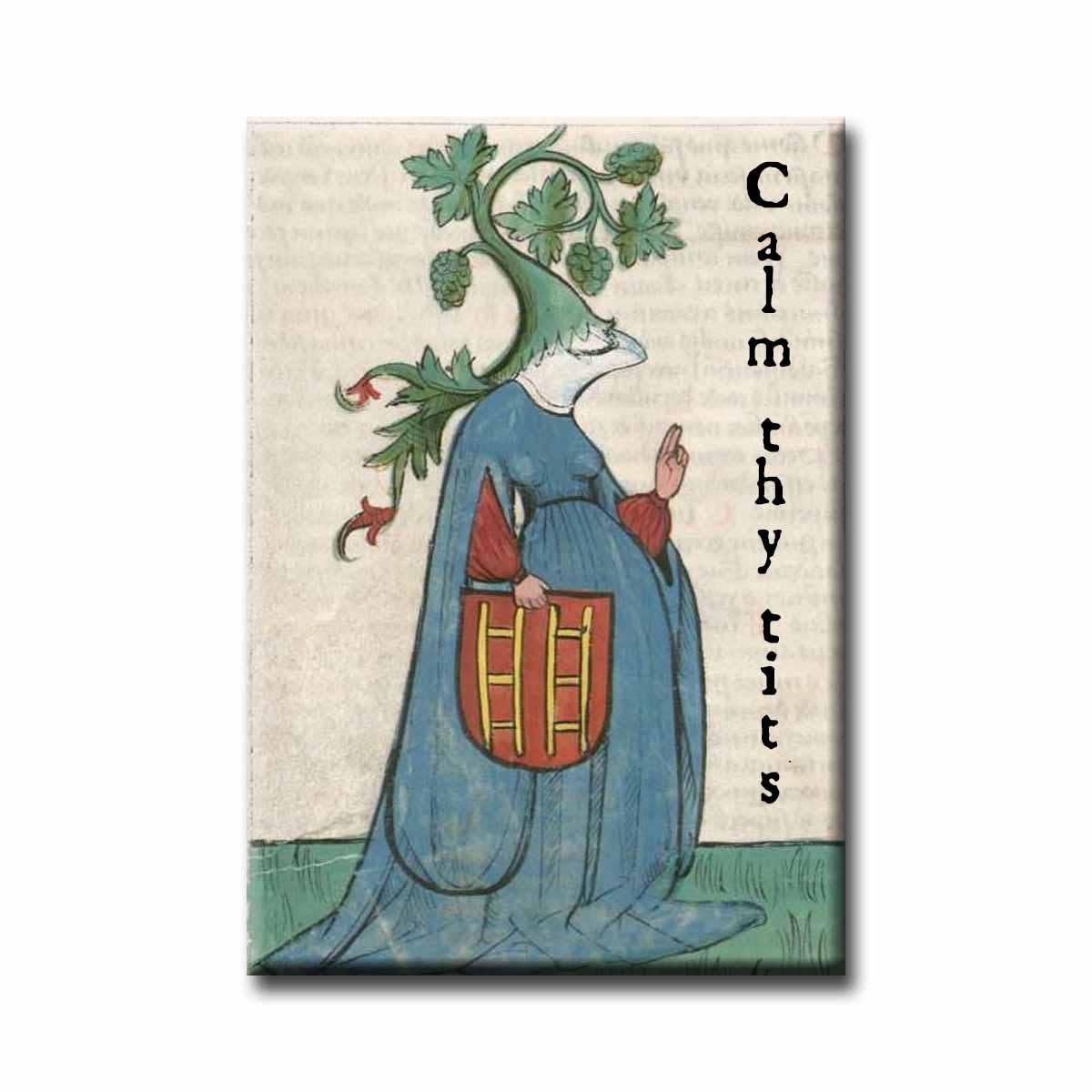 Calm Thy Tits Medieval Marginalia Refrigerator Magnet | Funny Medieval Humor Magnet
