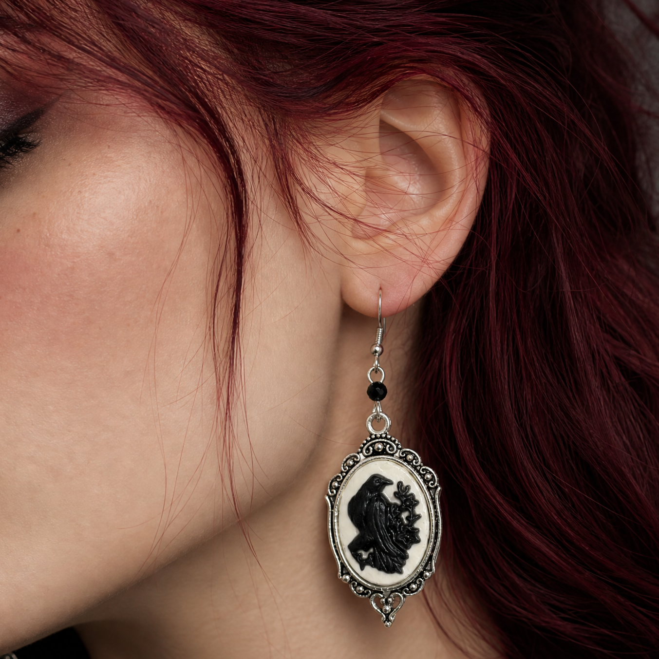 Cameo Raven Pendant Earrings | Black Raven on White, Ornate Silver Frame | 3" Ear Wire