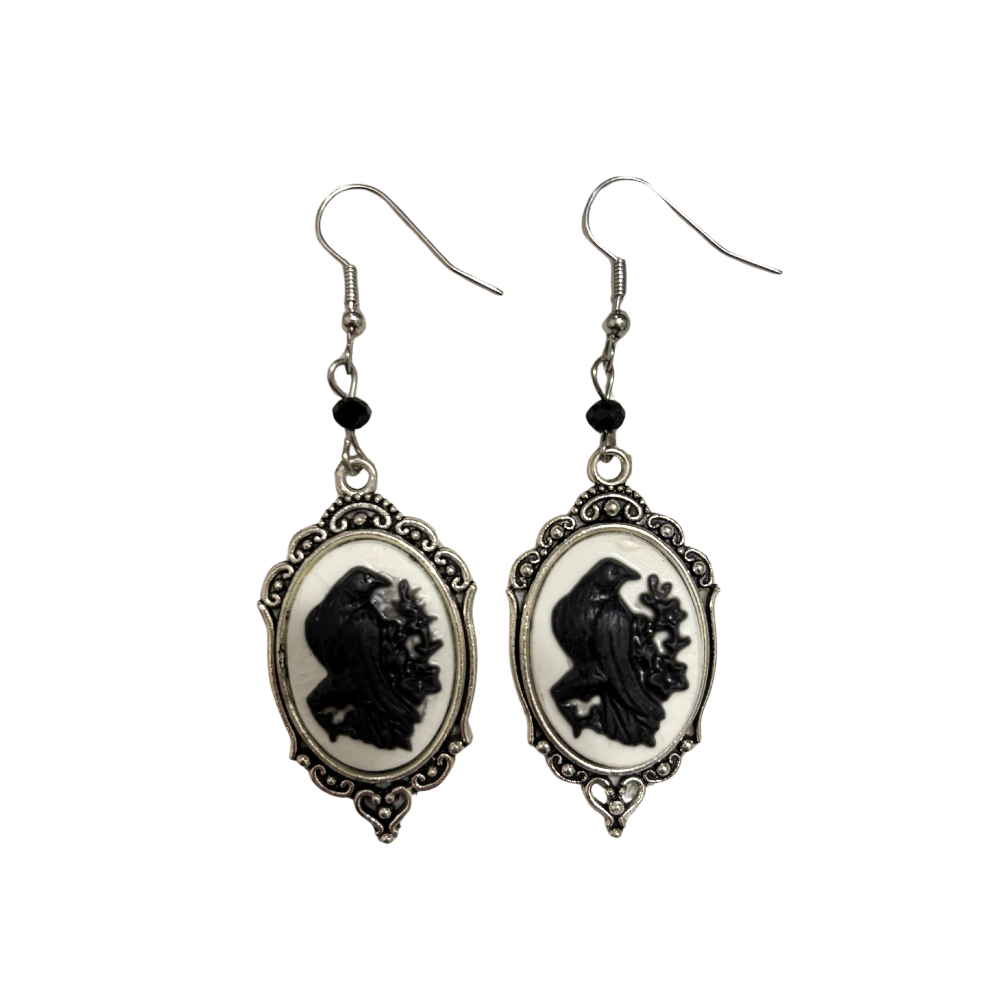 Cameo Raven Pendant Earrings | Black Raven on White, Ornate Silver Frame | 3" Ear Wire