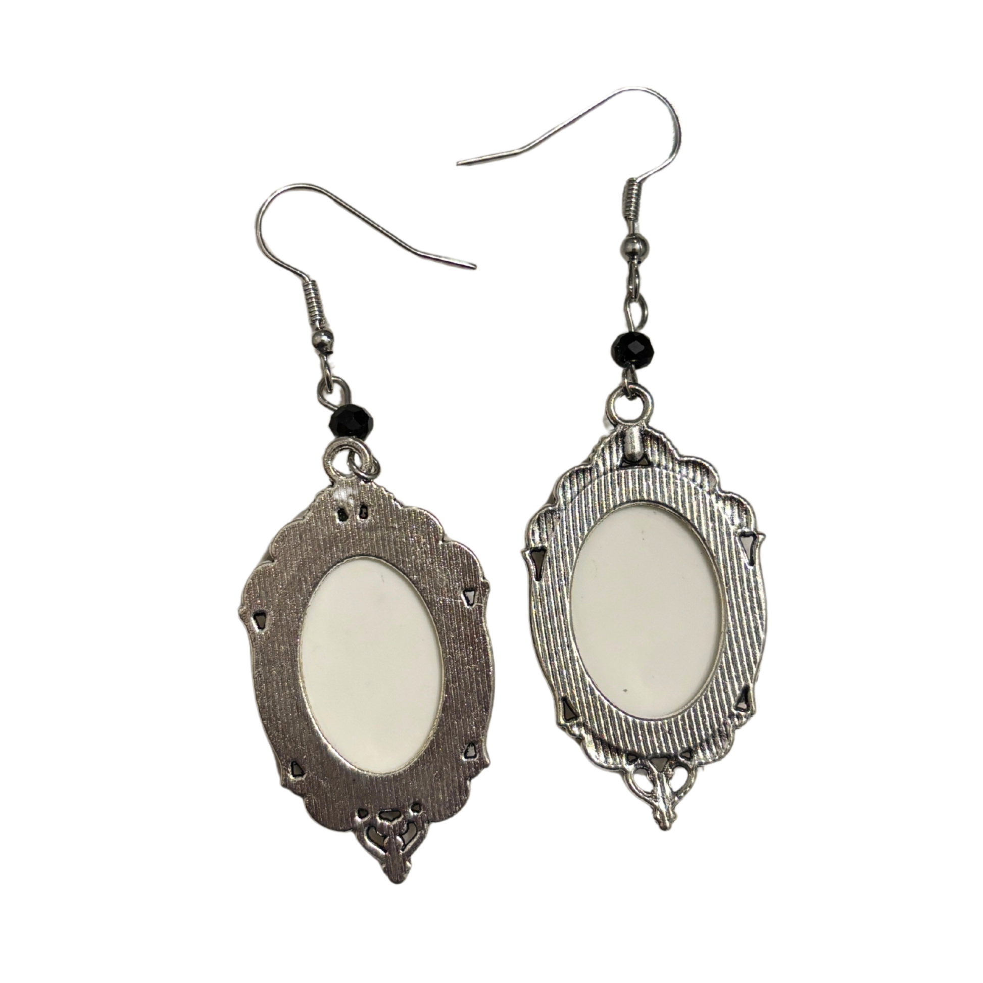 Cameo Raven Pendant Earrings | Black Raven on White, Ornate Silver Frame | 3" Ear Wire