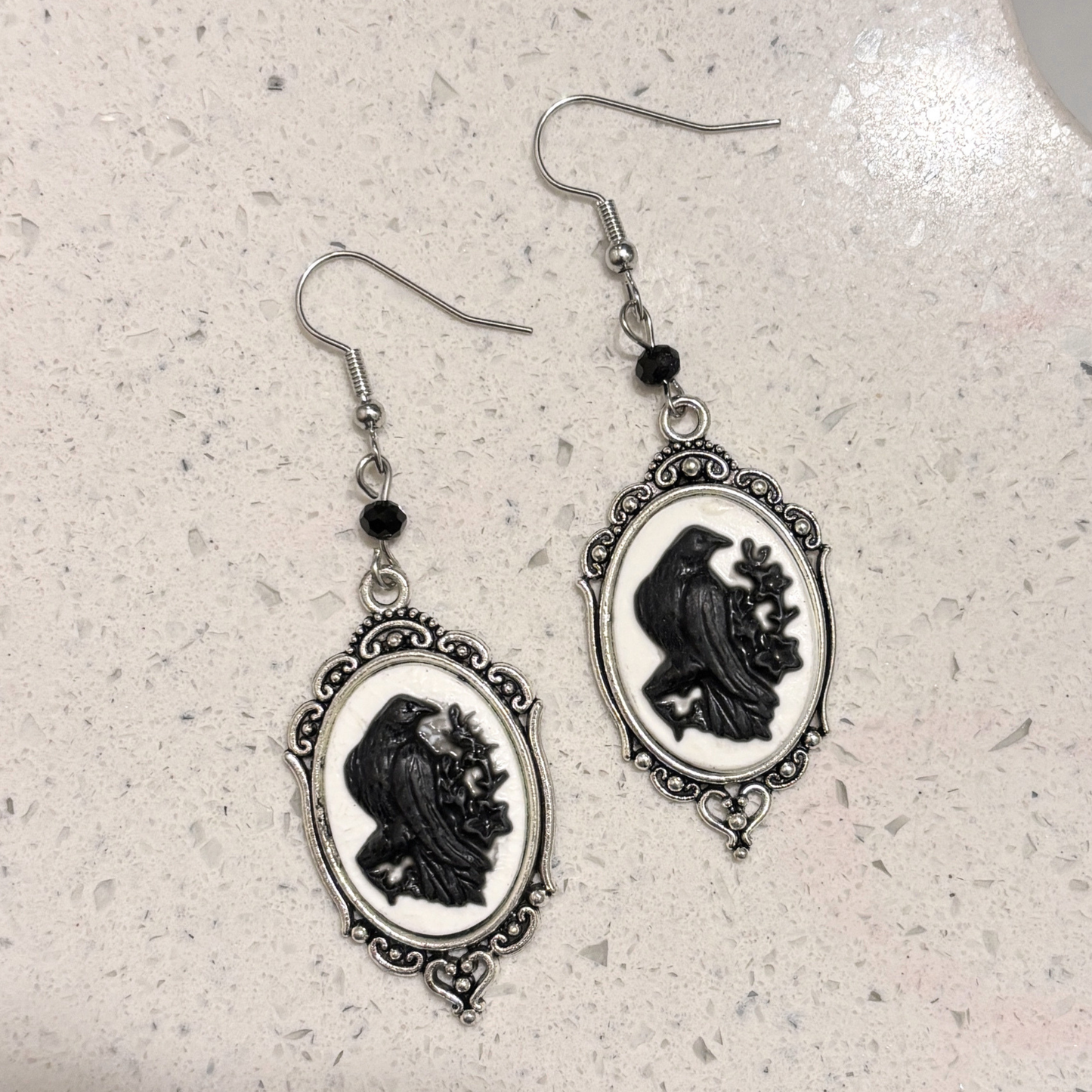 Cameo Raven Pendant Earrings | Black Raven on White, Ornate Silver Frame | 3" Ear Wire