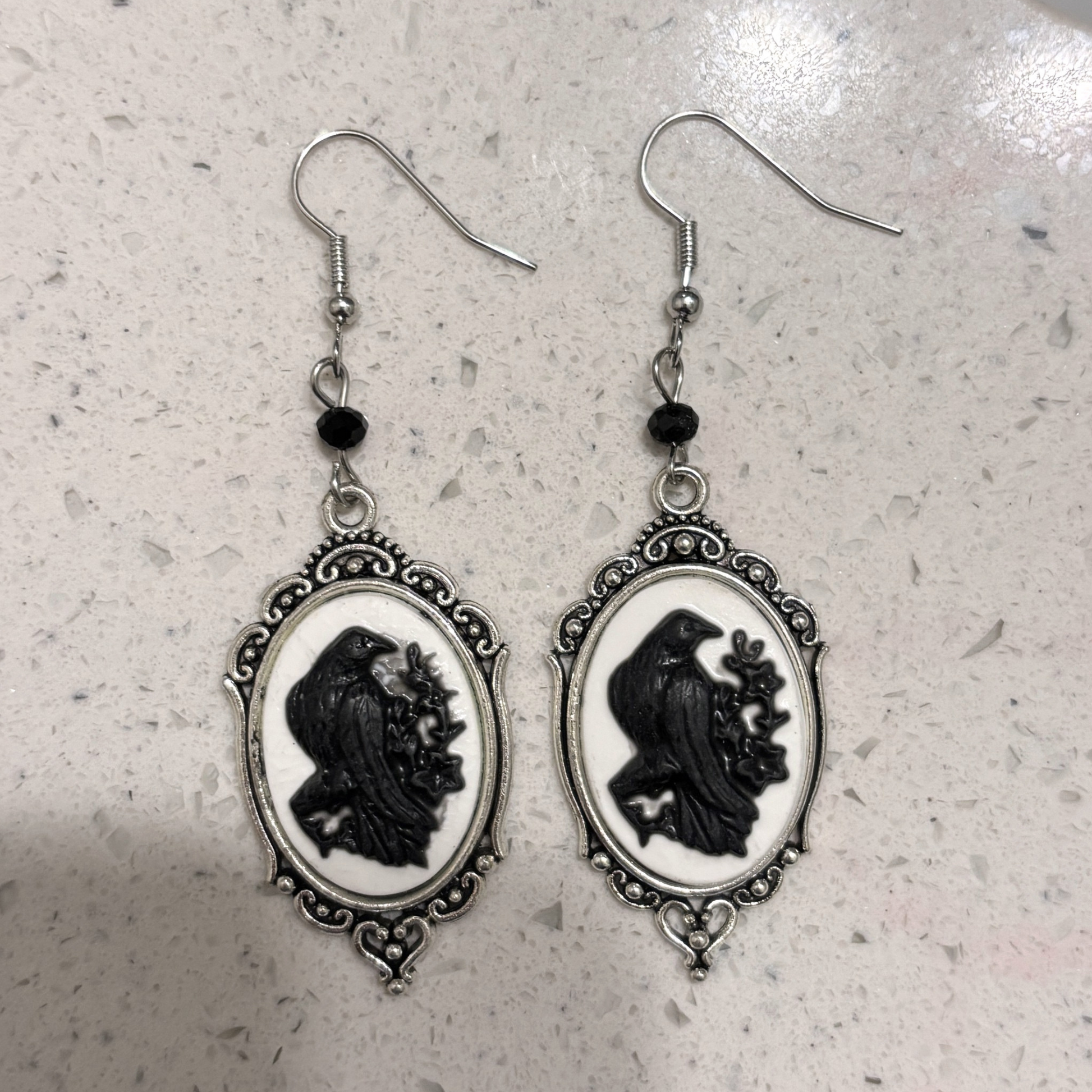 Cameo Raven Pendant Earrings | Black Raven on White, Ornate Silver Frame | 3" Ear Wire