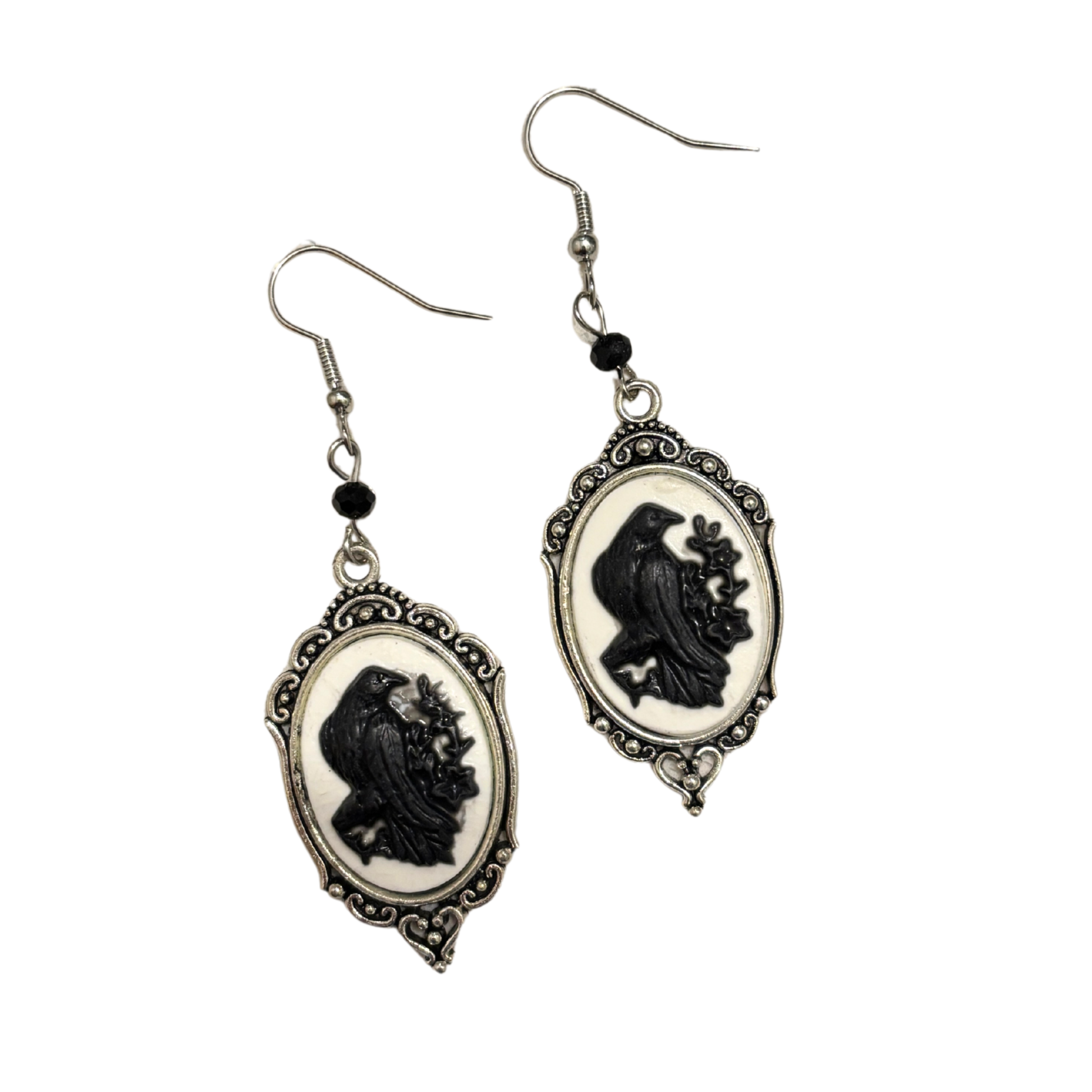 Cameo Raven Pendant Earrings | Black Raven on White, Ornate Silver Frame | 3" Ear Wire