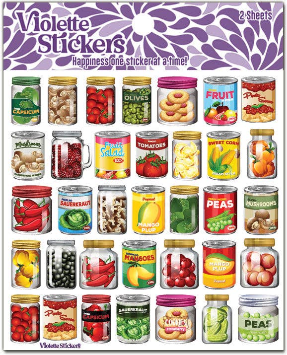 Cans and Jars of Food Stickers | 4" x 4" Stickers | 2 Sheets