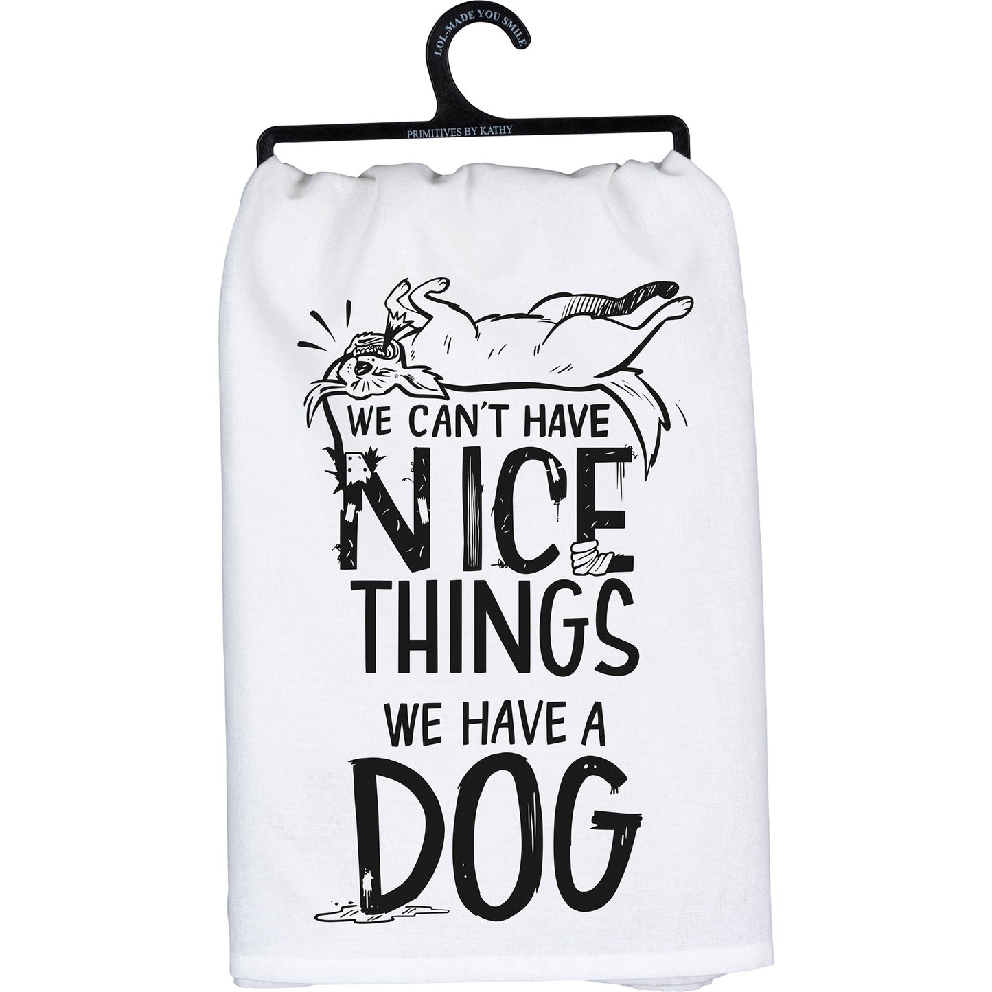 White towel with black text and graphic of a dog on a hanger