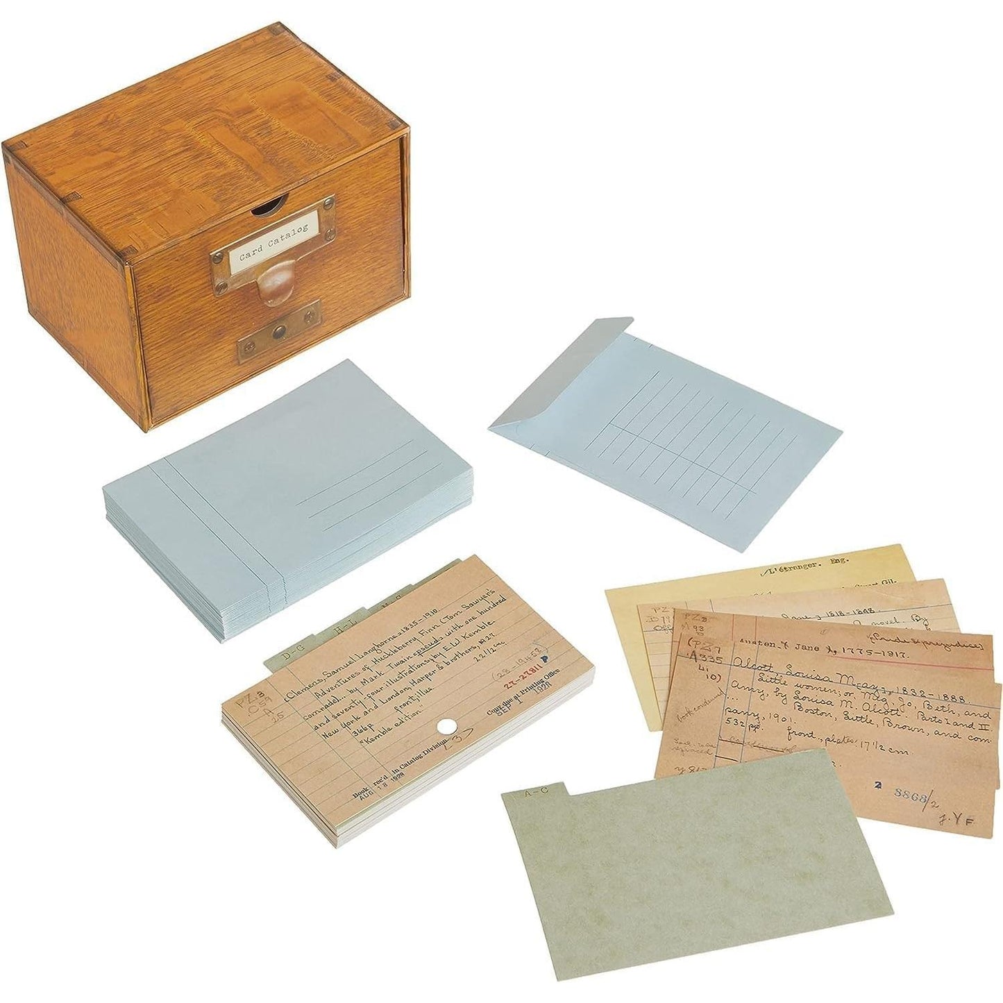 Collection of vintage documents and a wooden box on a white background