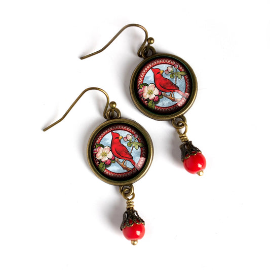 Cardinal Bird Vintage Glass Cabochon Earrings | Handmade in the US
