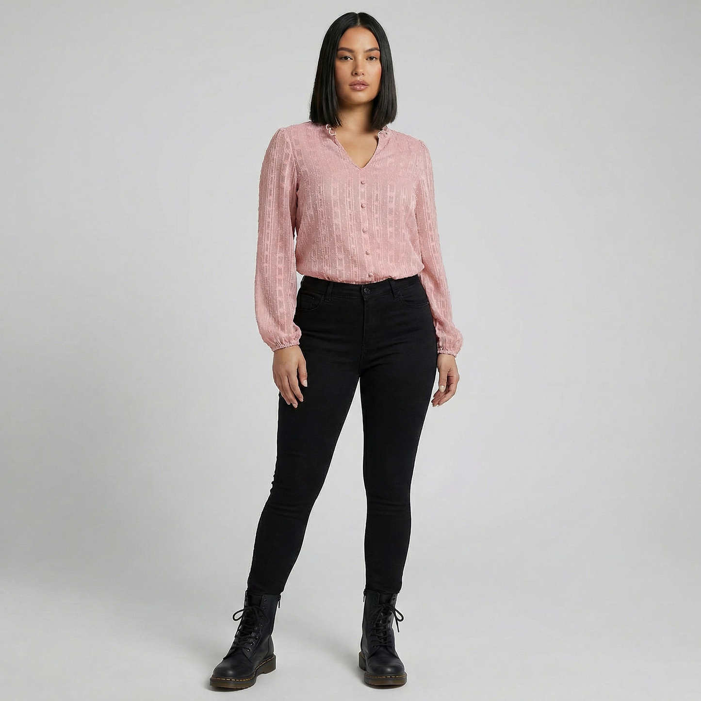 Career Coquette Pink Long Sleeve Textured Blouse