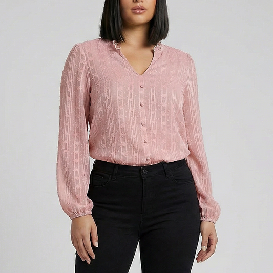 Career Coquette Pink Long Sleeve Textured Blouse