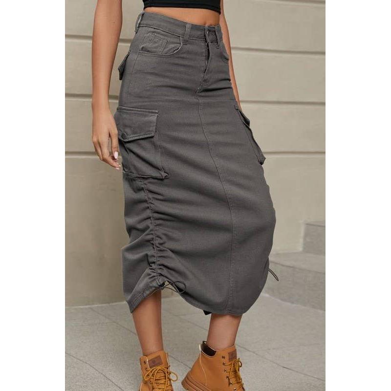Cargo Midi Skirt | Drawstring Side Utility Skirt | Streetwear Cargo Skirt with Pockets | Green or Grey
