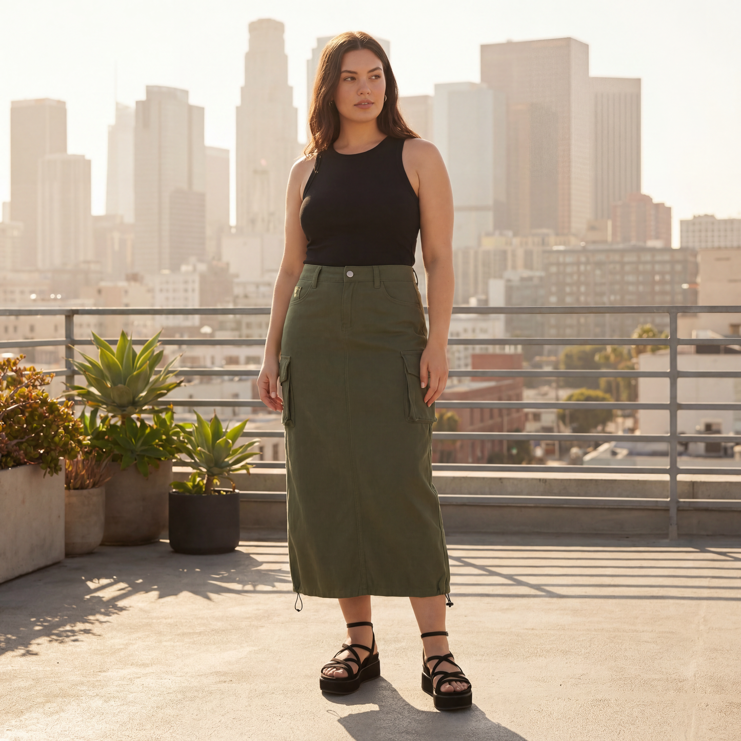 Cargo Midi Skirt | Drawstring Side Utility Skirt | Streetwear Cargo Skirt with Pockets | Green or Grey