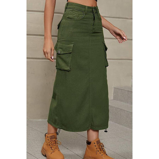 Cargo Midi Skirt | Drawstring Side Utility Skirt | Streetwear Cargo Skirt with Pockets | Green or Grey