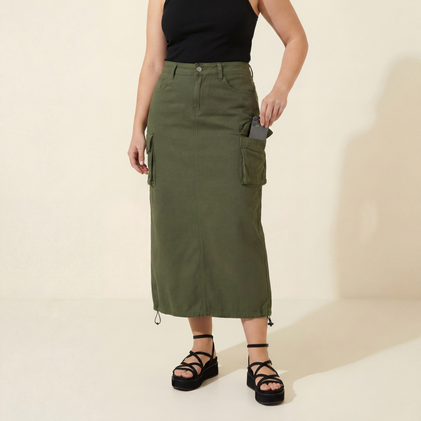 Cargo Midi Skirt | Drawstring Side Utility Skirt | Streetwear Cargo Skirt with Pockets | Green or Grey