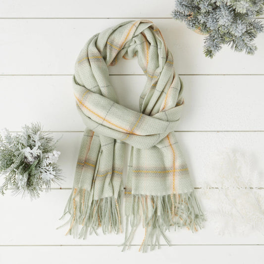 Caroline Plaid Scarf in Sage | Unisex Classic Winter Plaid Pattern Scarf | 75" x 27.5"