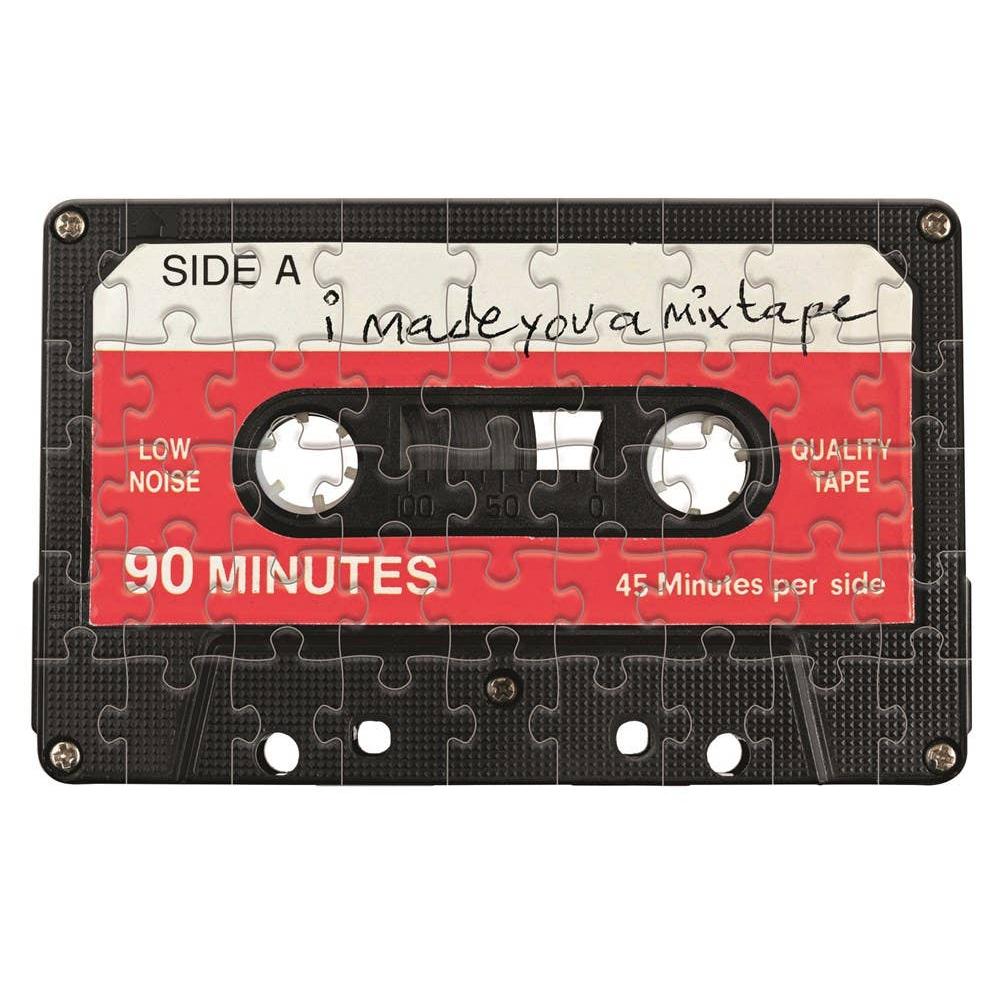 Cassette tape-shaped puzzle with 'Made you a mixtape' text on a white background
