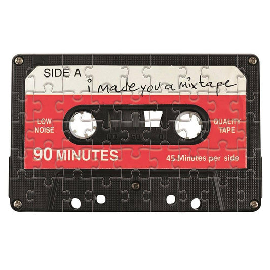 Cassette tape-shaped puzzle with 'Made you a mixtape' text on a white background