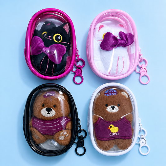 Cat & Bear Plush Bag Charms with Clear Pouch Keychain-Crover-The Bullish Store