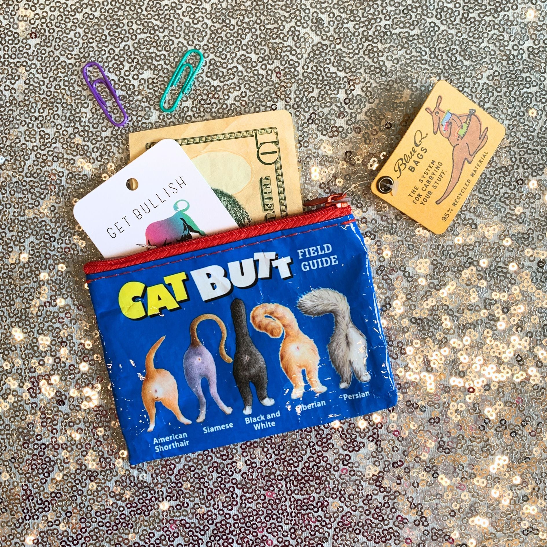 Cat Butt Coin Purse in Blue | Recycled Material | 3"h x 4"w | BlueQ at GetBullish