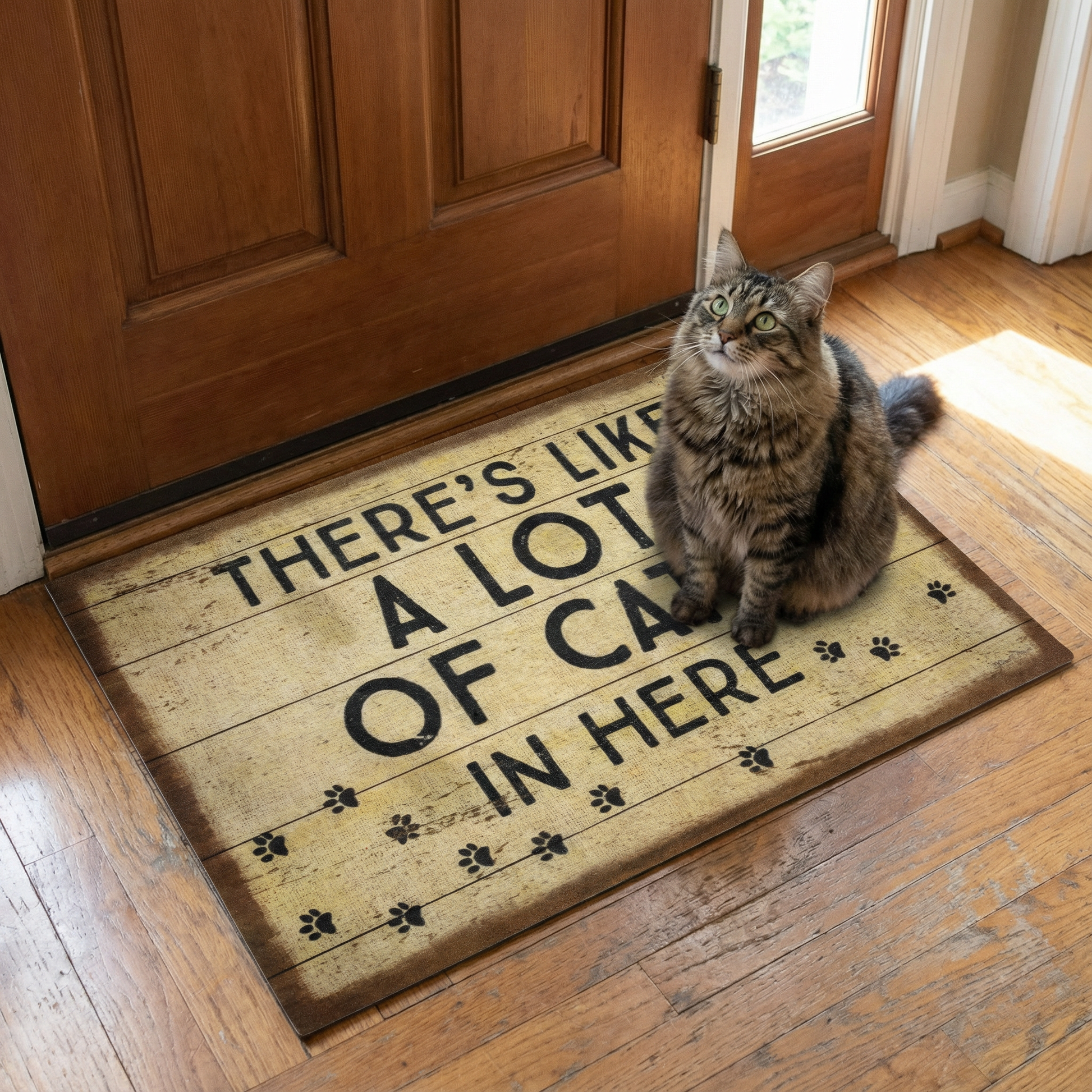 Cat sitting on a doormat with text 'There's like a lot of cats in here' in front of a wooden door.