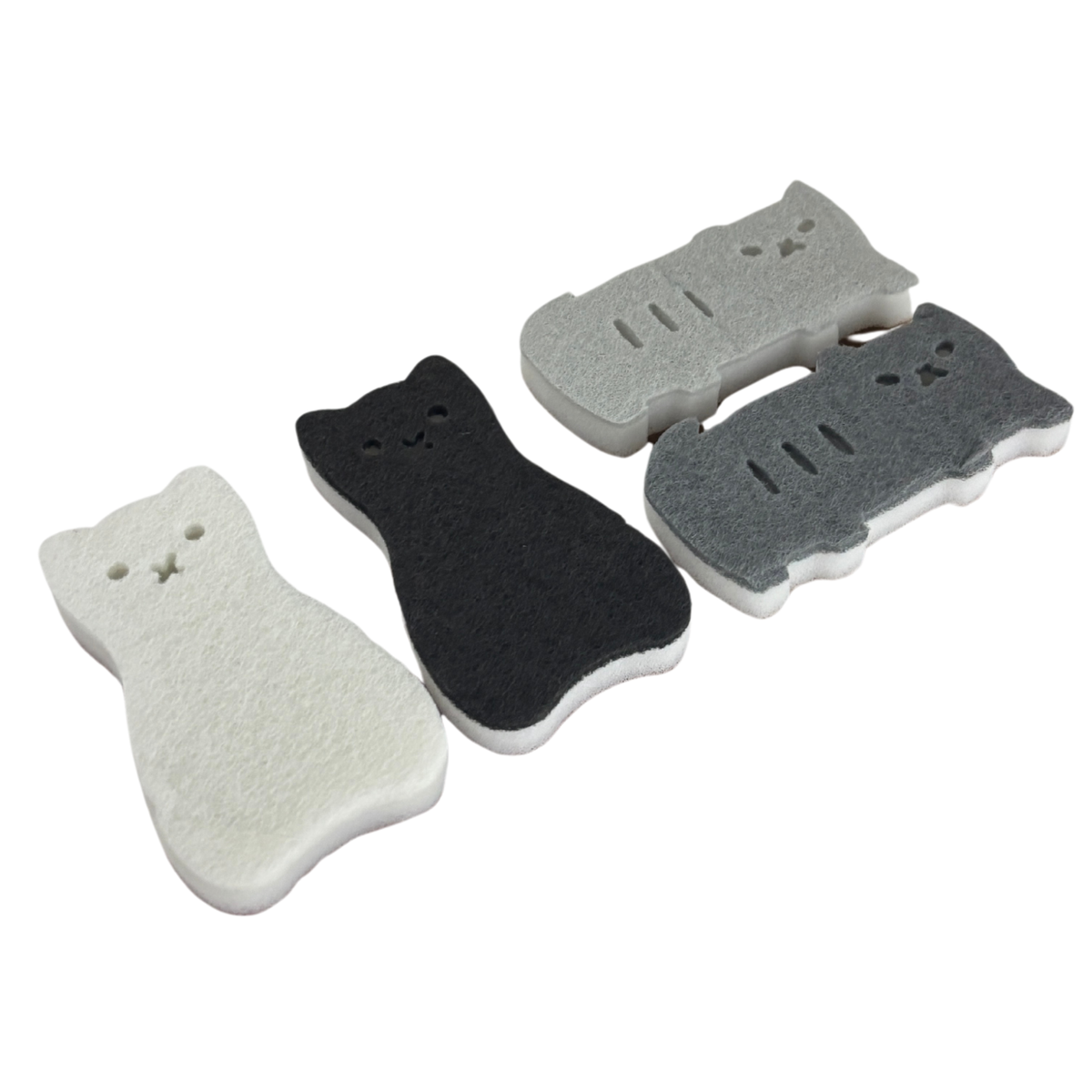 Cat Shaped Kitchen Sponges | Set of 4 | Standing & Lounging Cats | Black, Gray & White