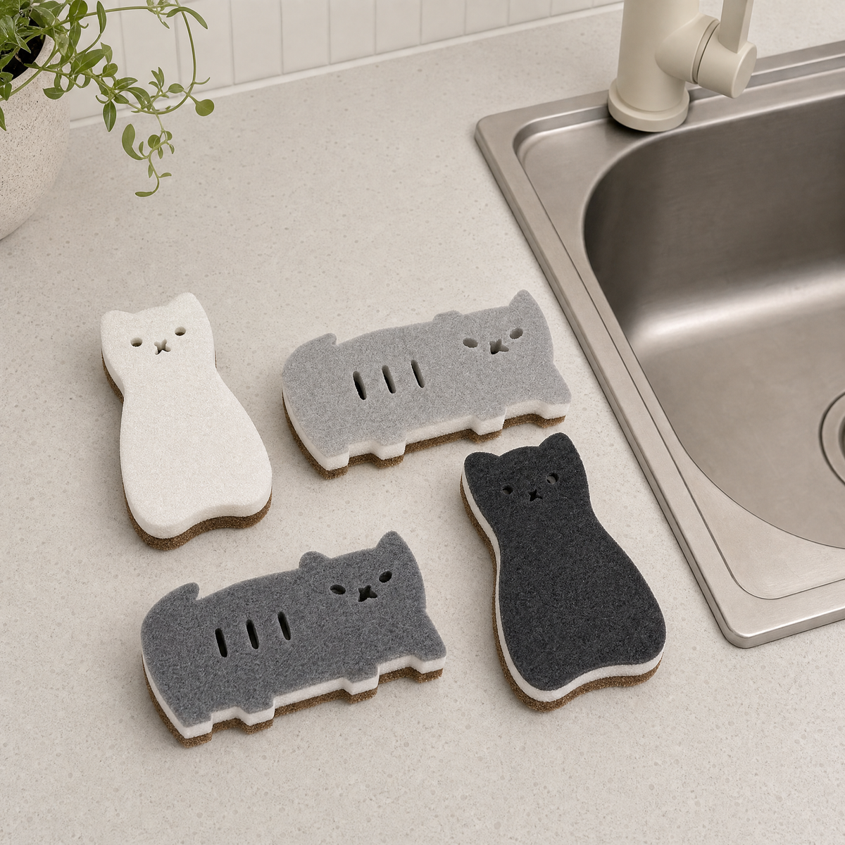 Cat Shaped Kitchen Sponges | Set of 4 | Standing & Lounging Cats | Black, Gray & White