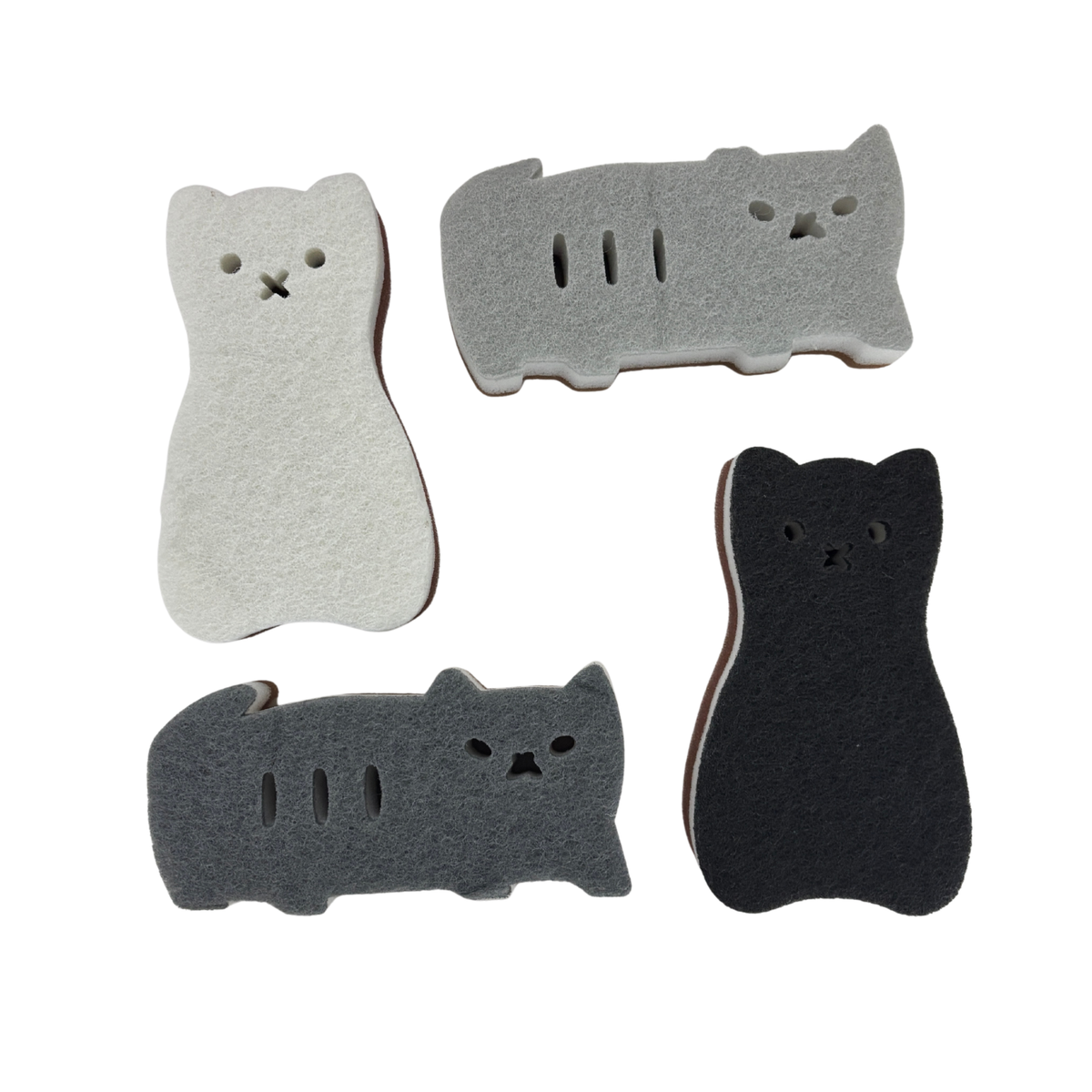 Cat Shaped Kitchen Sponges | Set of 4 | Standing & Lounging Cats | Black, Gray & White
