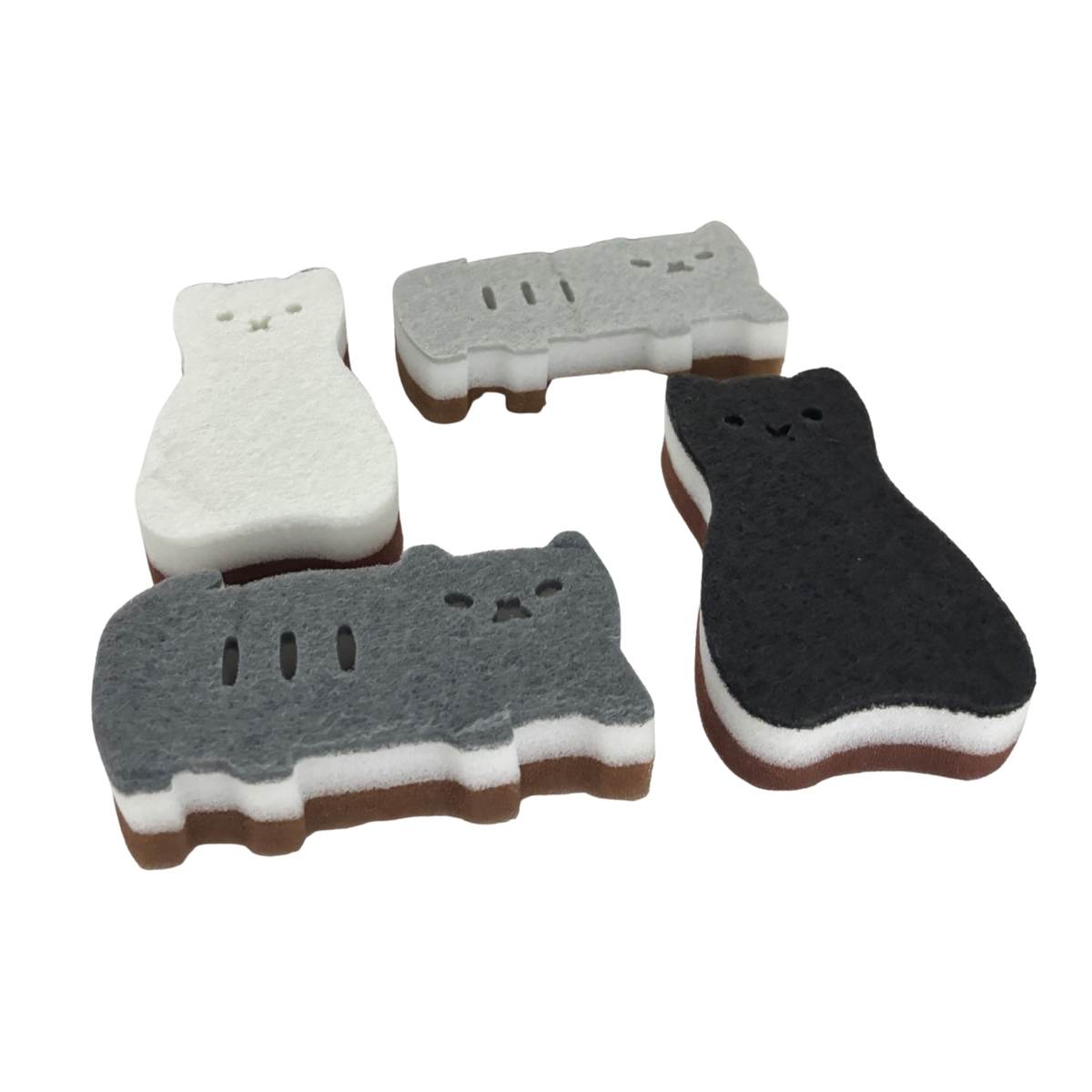 Cat Shaped Kitchen Sponges | Set of 4 | Standing & Lounging Cats | Black, Gray & White