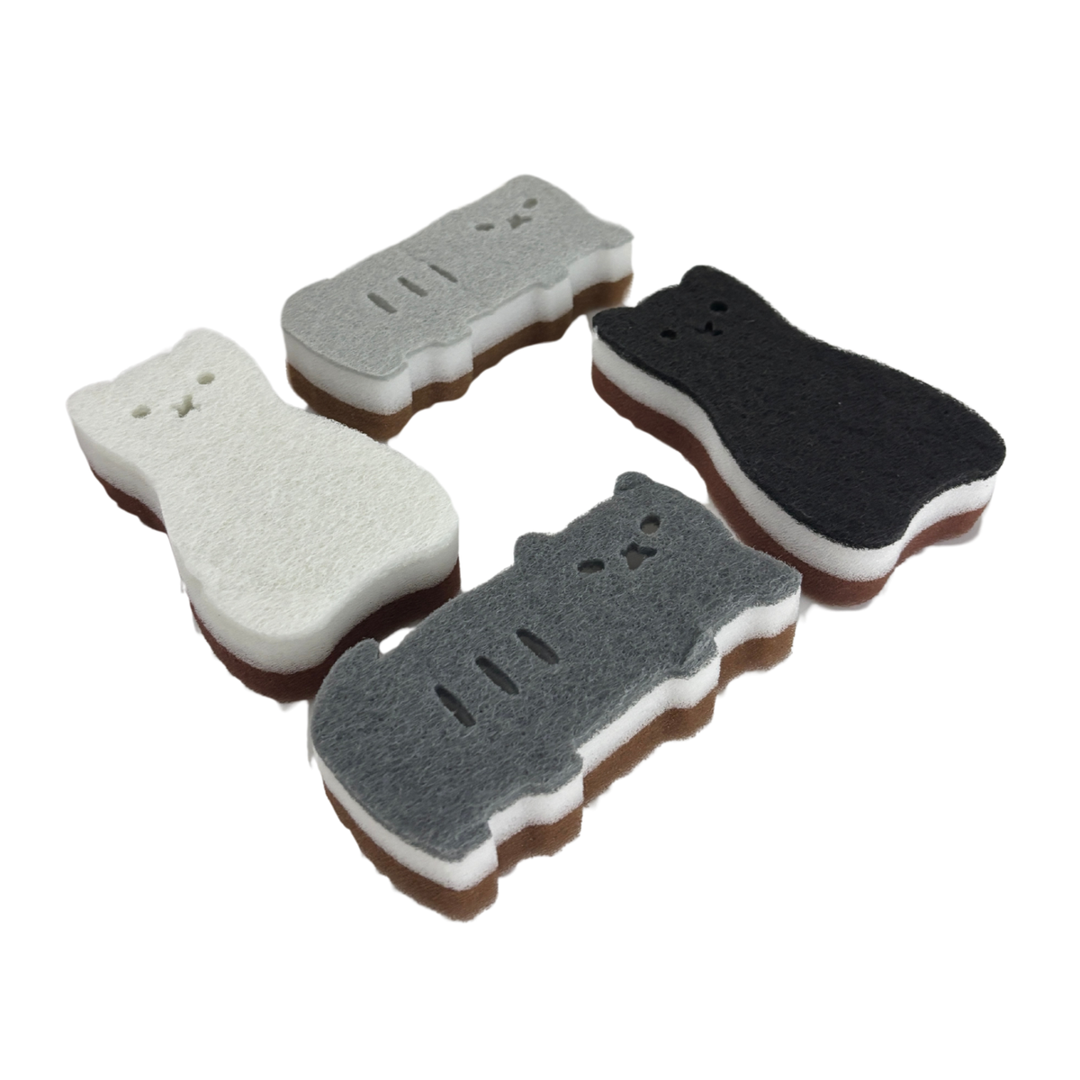 Cat Shaped Kitchen Sponges | Set of 4 | Standing & Lounging Cats | Black, Gray & White