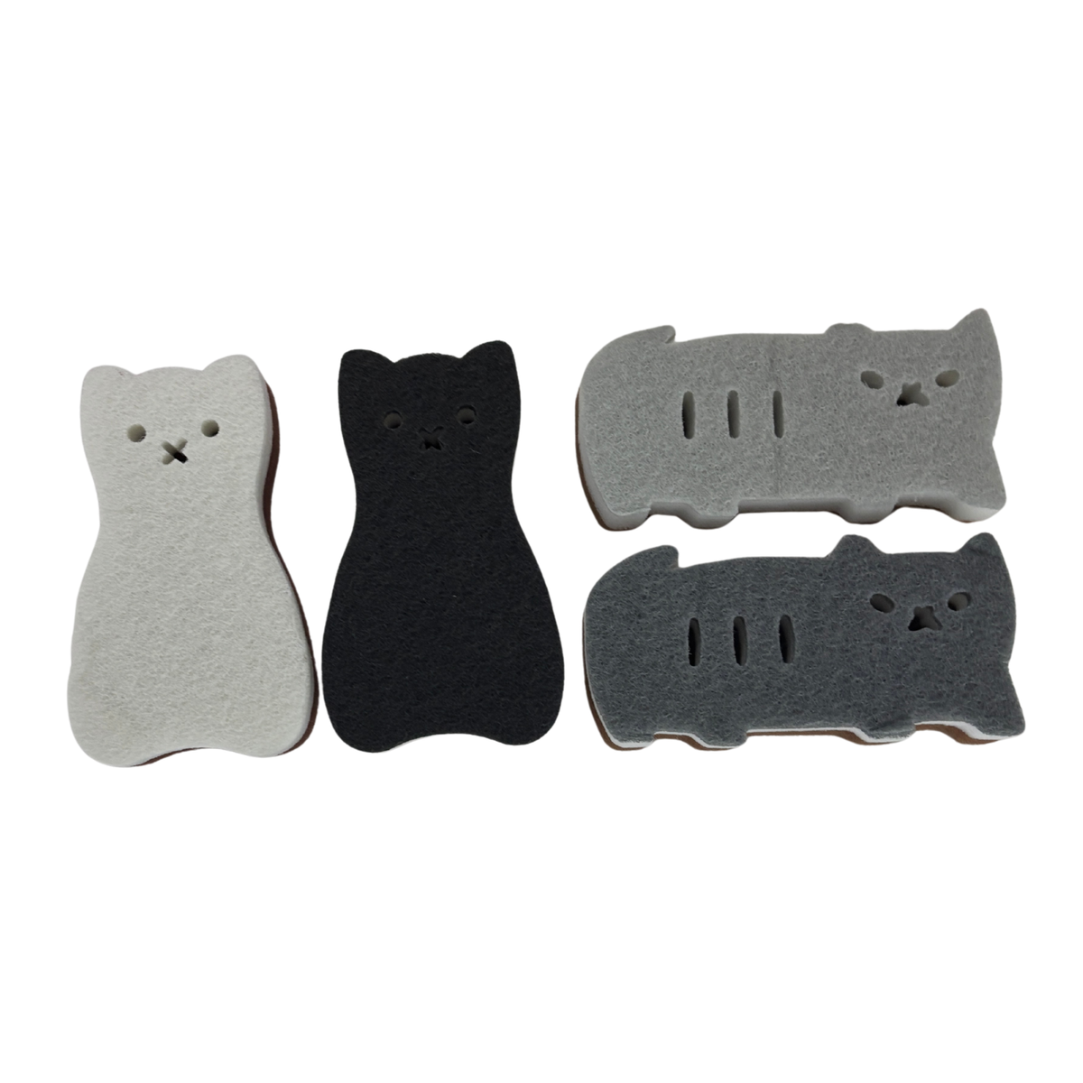 Cat Shaped Kitchen Sponges | Set of 4 | Standing & Lounging Cats | Black, Gray & White