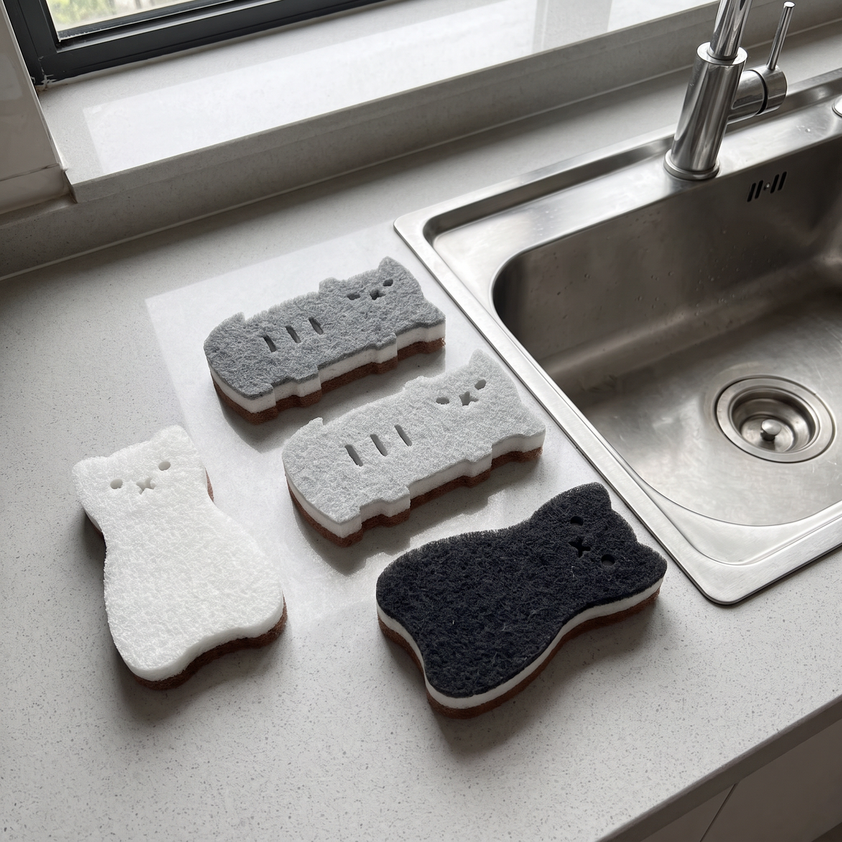 Cat Shaped Kitchen Sponges | Set of 4 | Standing & Lounging Cats | Black, Gray & White