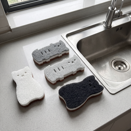 Cat Shaped Kitchen Sponges | Set of 4 | Standing & Lounging Cats | Black, Gray & White