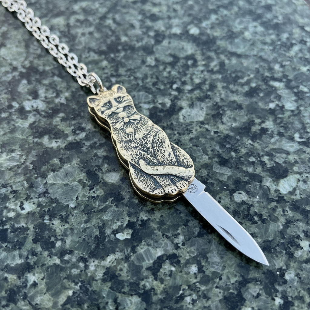 Cat-shaped knife with chain on a textured surface