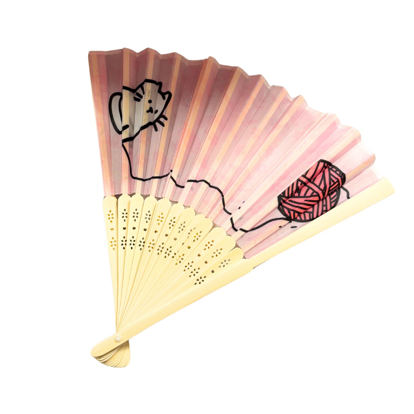 Cat and Yarn Design Paper Folding Fan | Handheld Fan with Wooden Frame | 10"