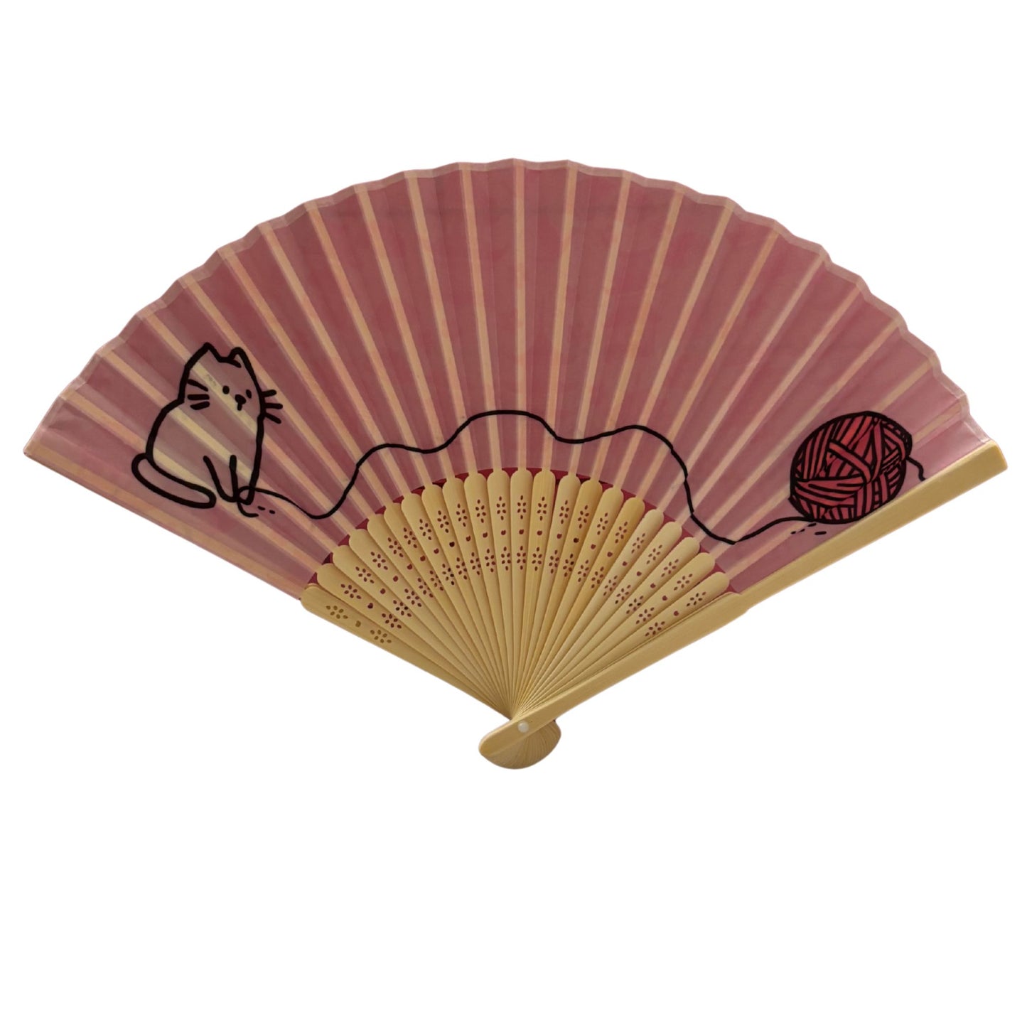 Cat and Yarn Design Paper Folding Fan | Handheld Fan with Wooden Frame | 10"