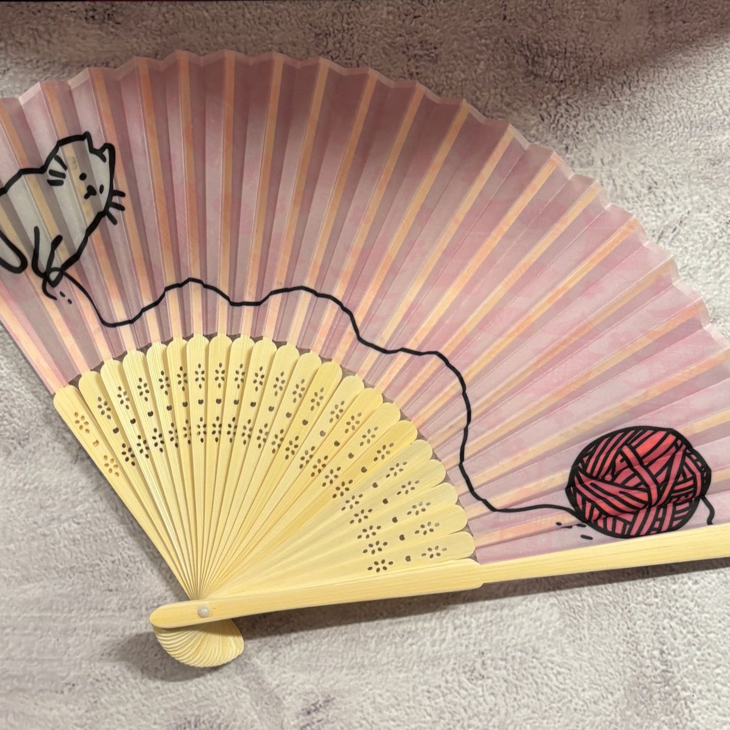 Cat and Yarn Design Paper Folding Fan | Handheld Fan with Wooden Frame | 10"