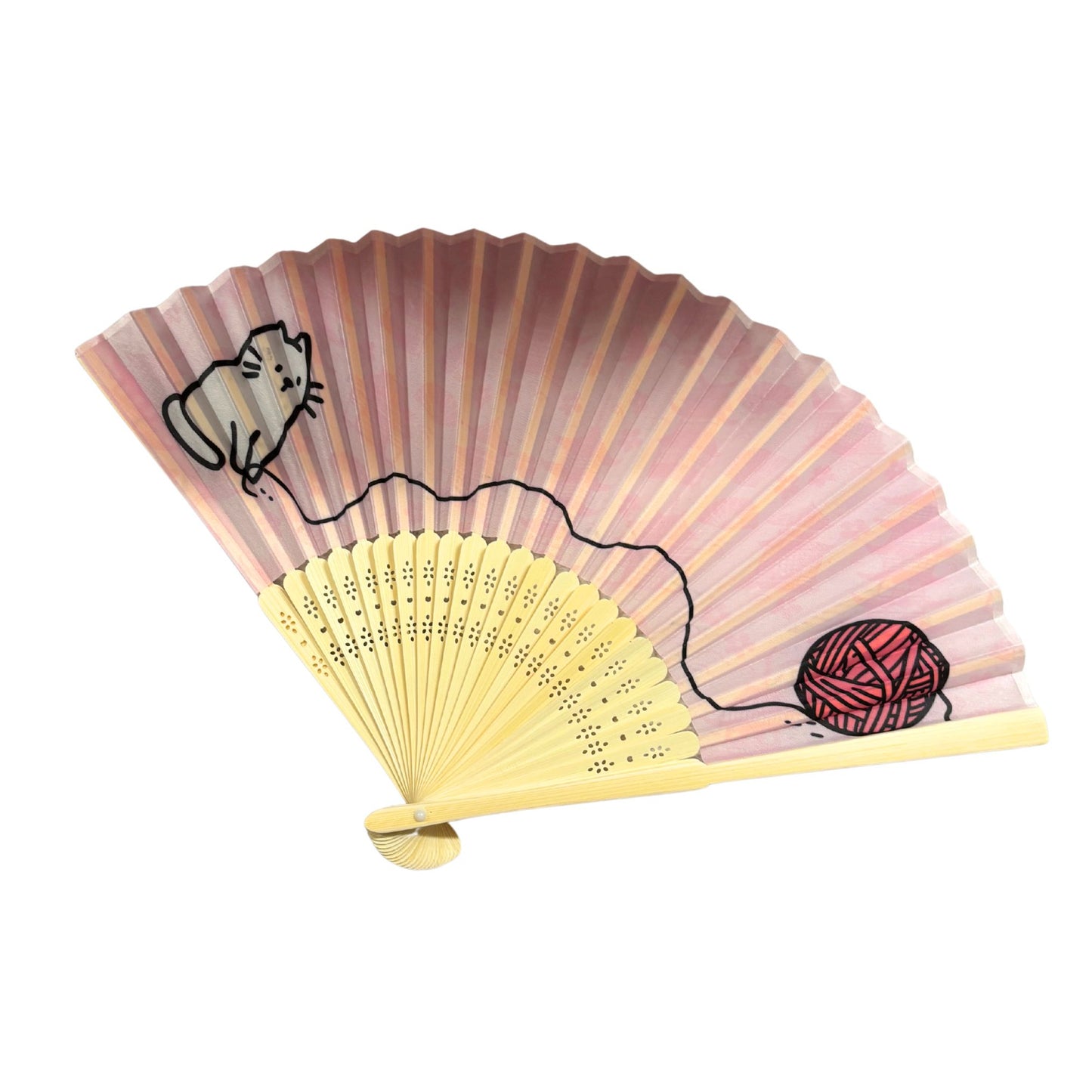 Cat and Yarn Design Paper Folding Fan | Handheld Fan with Wooden Frame | 10"