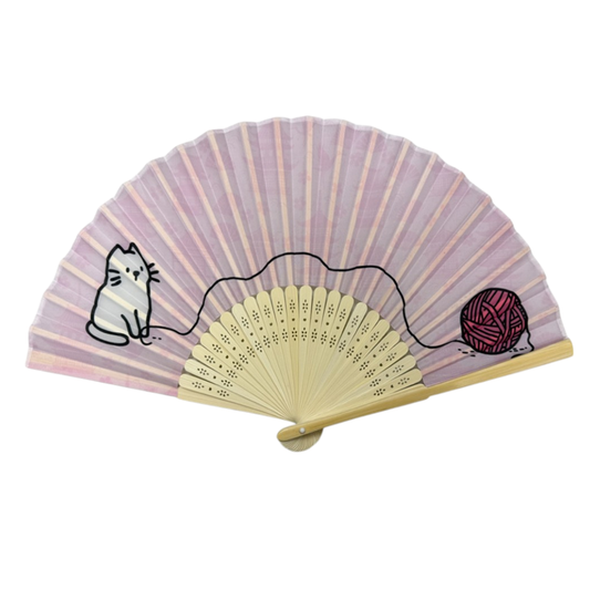 Cat and Yarn Design Paper Folding Fan | Handheld Fan with Wooden Frame | 10"