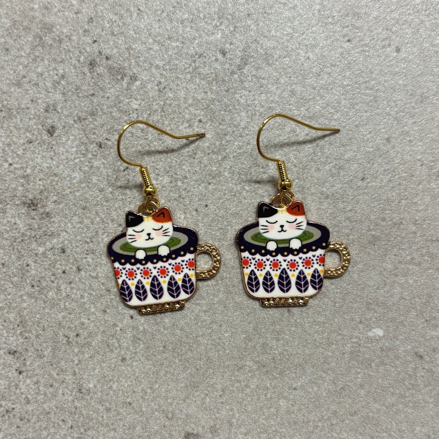 Cat in Blue Flora Coffee Cup Earrings | Cute Cat Lover Gift & Whimsical Coffee Jewelry