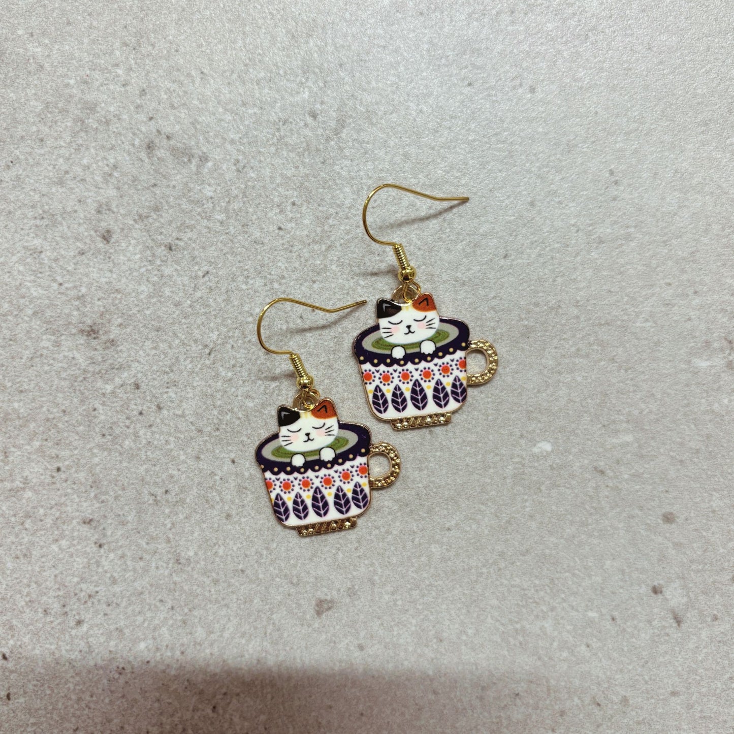 Cat in Blue Flora Coffee Cup Earrings | Cute Cat Lover Gift & Whimsical Coffee Jewelry