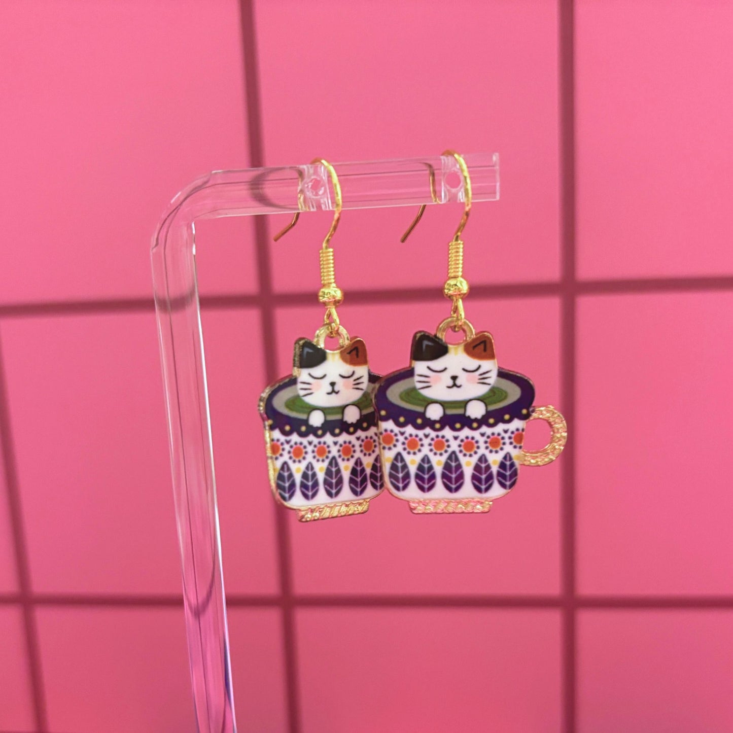 Cat in Blue Flora Coffee Cup Earrings | Cute Cat Lover Gift & Whimsical Coffee Jewelry