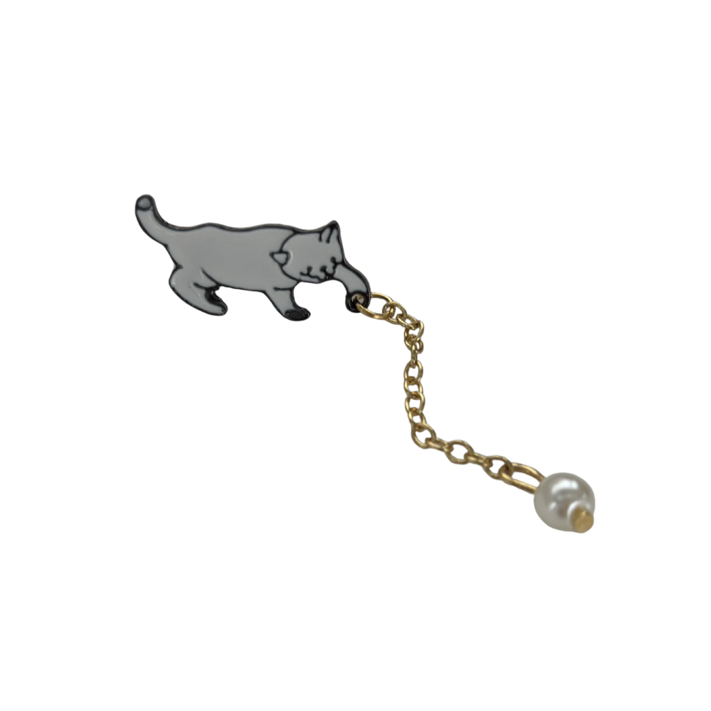 Cat with Ball Enamel Pin | White Cat with Dangling Pearl Charm | Moving Chain
