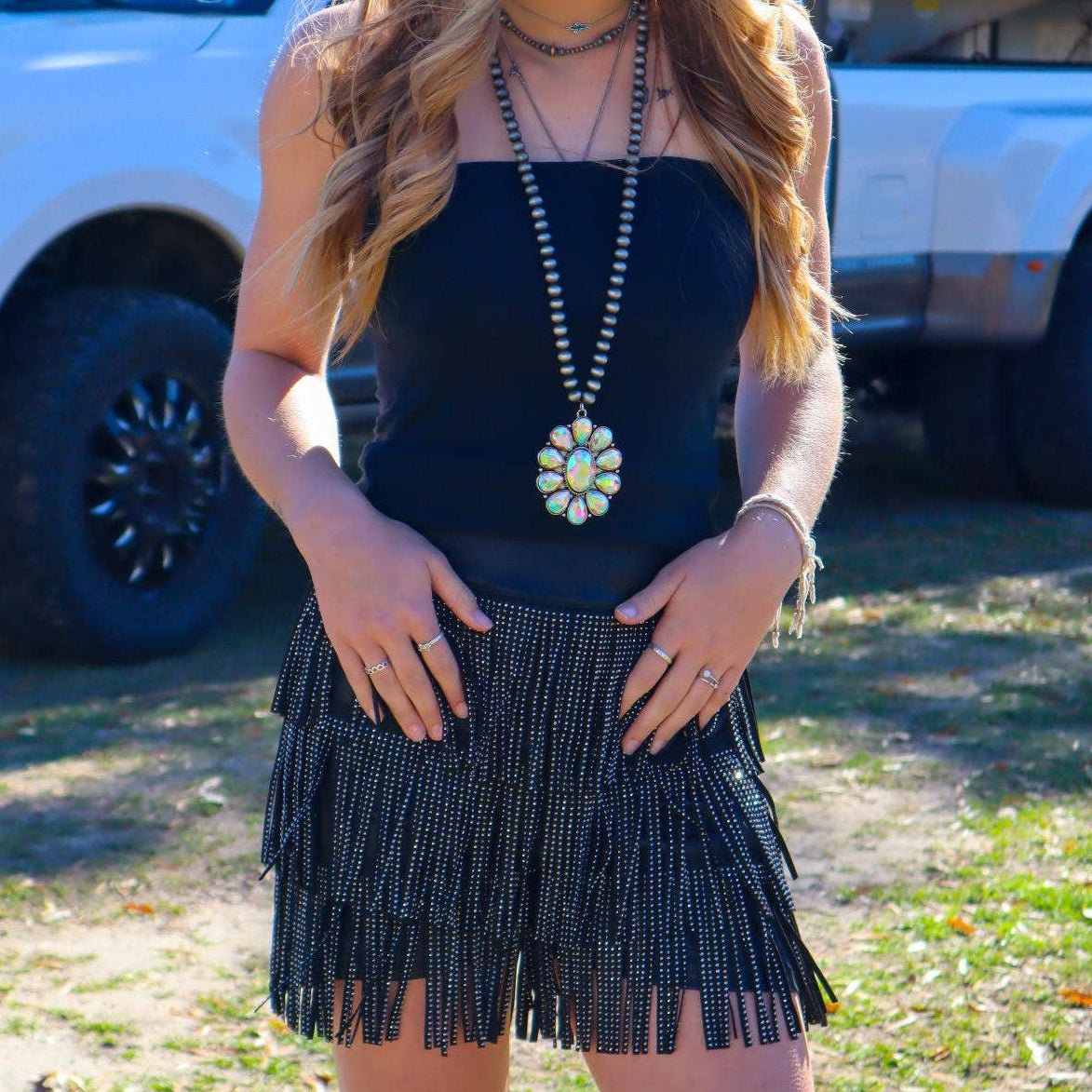 Catalena Fringe Rhinestone Skort in Black [Available in SM-L]