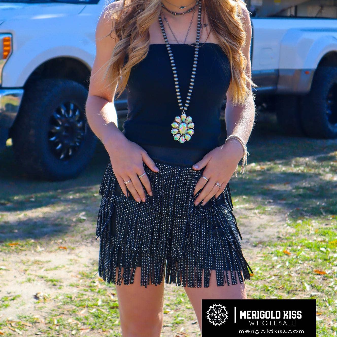 Catalena Fringe Rhinestone Skort in Black [Available in SM-L]