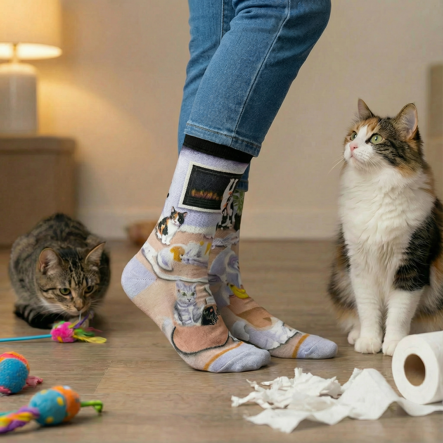 Cats Causing Catastrophe Women's  Socks in Lilac | Mischief Cat Design Crew Socks