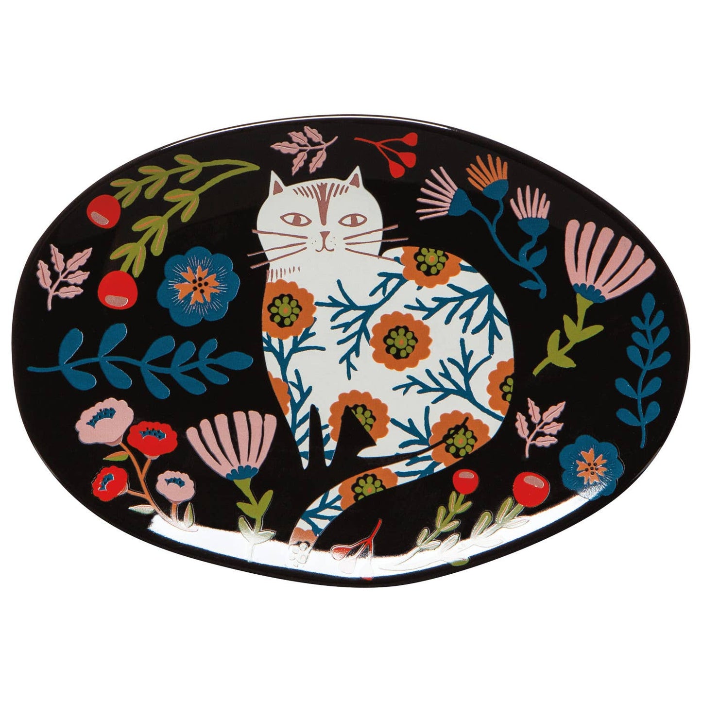 Decorative tray with a cat and floral design on a black background