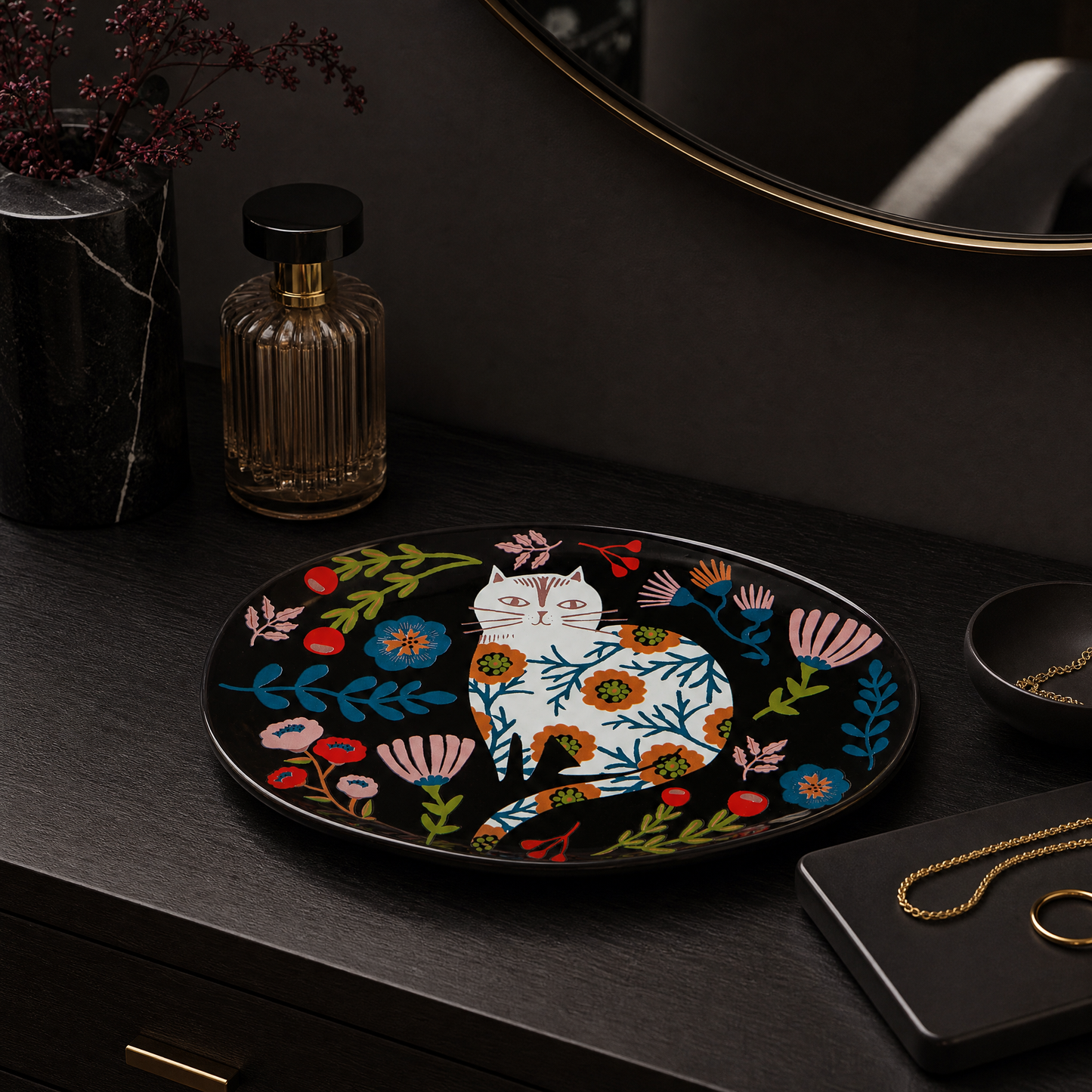 Catbloom Trinket Tray in Colorful Oval Stoneware