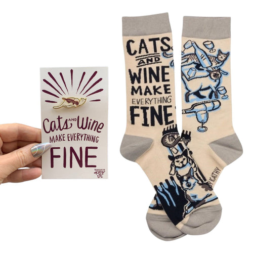 Cats And Wine Make Everything Fine Enamel Pin and Socks Gift Set Bundle